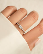 Sterling silver Baguette Ring with pavé band by Sami Jewels, featuring a sleek baguette-cut gemstone and sparkling pavé accents.