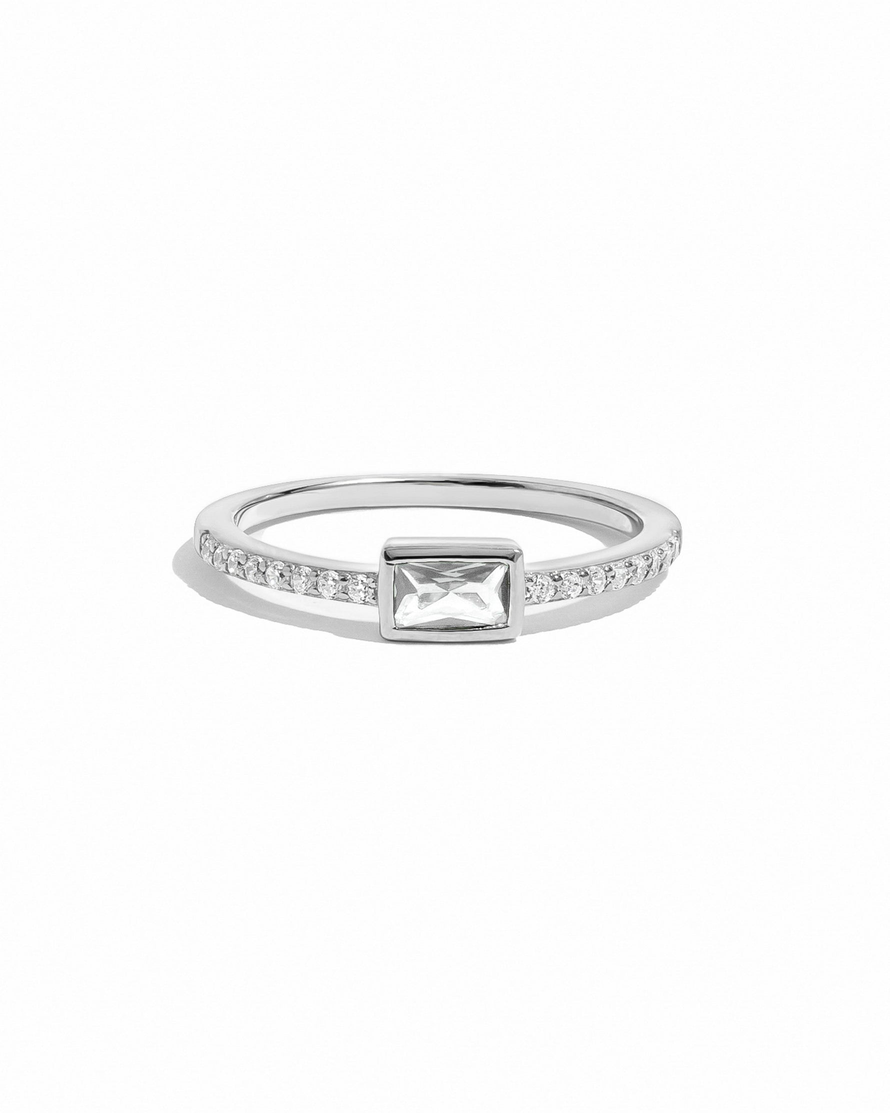 Sterling silver Baguette Ring with pavé band from Sami Jewels, showcasing a sleek design on a white background.