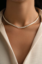 Gold Baguette Tennis Necklace by Sami Jewels featuring a sleek, elegant design with sparkling baguette-cut stones.