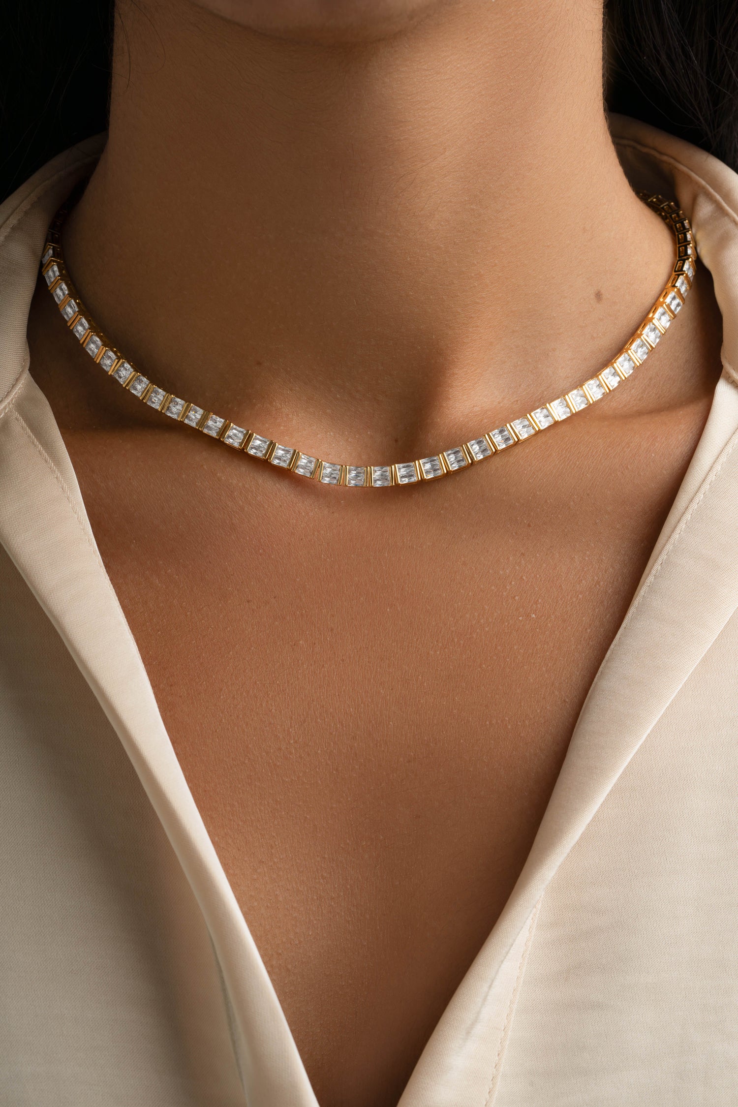 Gold Baguette Tennis Necklace by Sami Jewels featuring a sleek, elegant design with sparkling baguette-cut stones.
