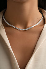 Silver Baguette Tennis Necklace by Sami Jewels featuring sparkling rectangular-cut stones on a delicate chain.