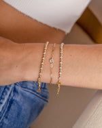 Gold Bead & Bezel Tennis Bracelet by Sami Jewels, stacked design featuring sparkling beads and bezel settings.