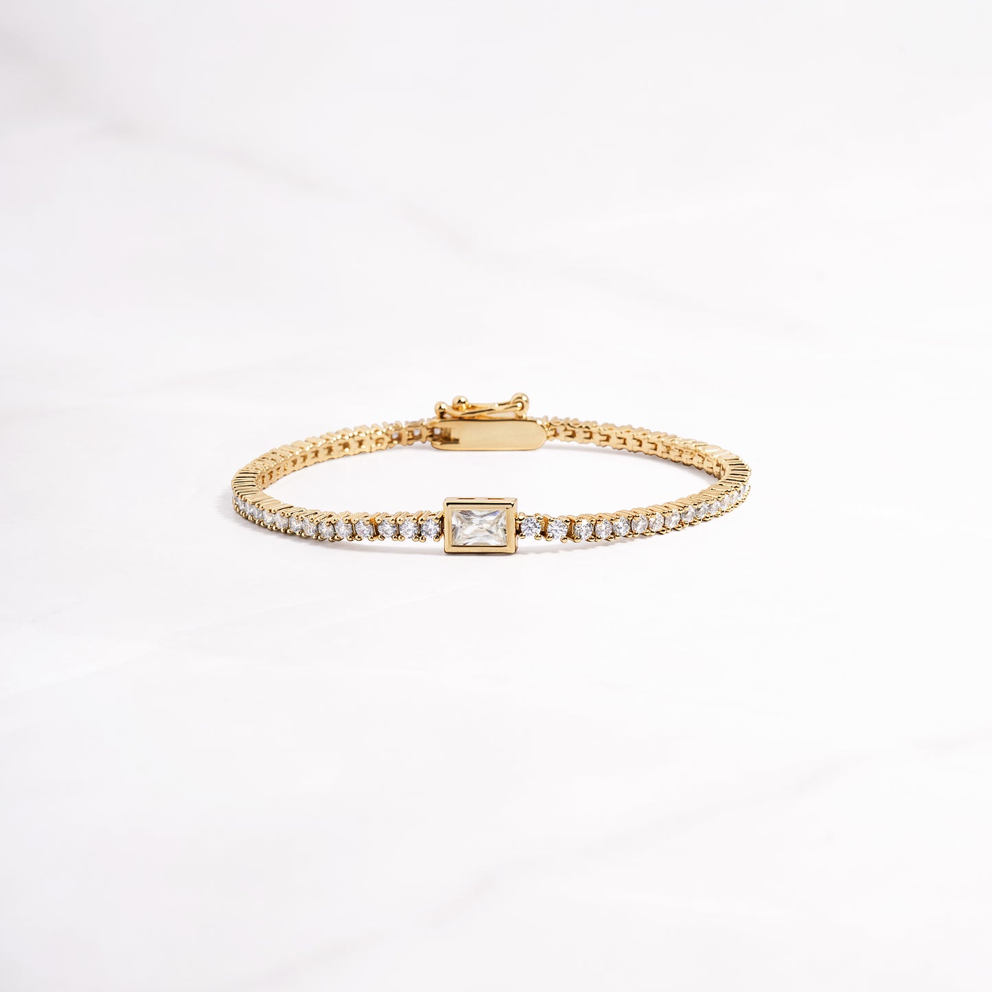 14K gold Plated High Quality Bezeled Emerald-Cut Charm Tennis Bracelet