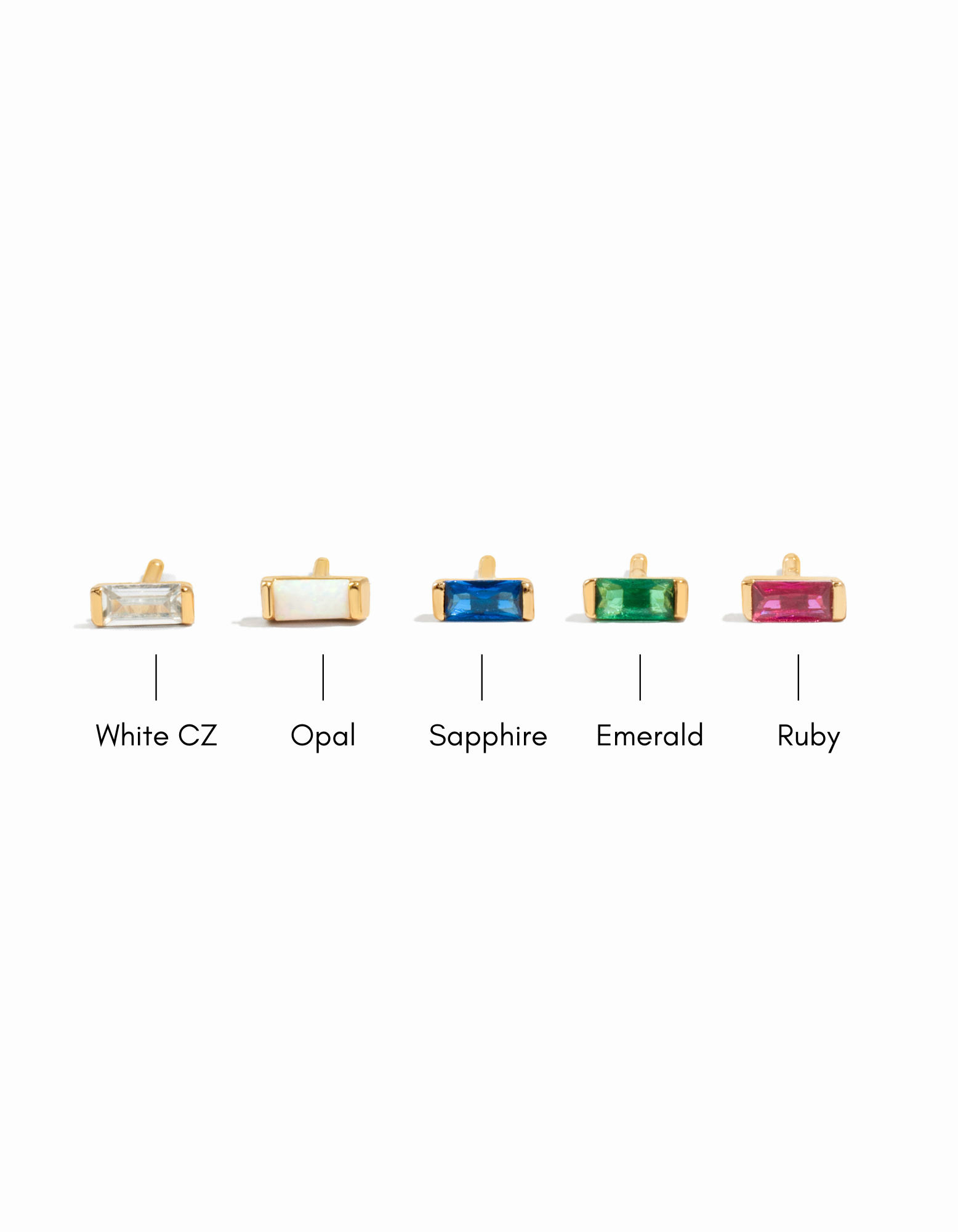 birthstone baguette stud labeled 'White CZ', 'Opal', 'Sapphire', 'Emerald', and 'Ruby' on a white background.