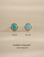 Blue Opal Stud Earrings by Sami Jewels featuring vibrant blue opal stones and turquoise accents in gold setting.