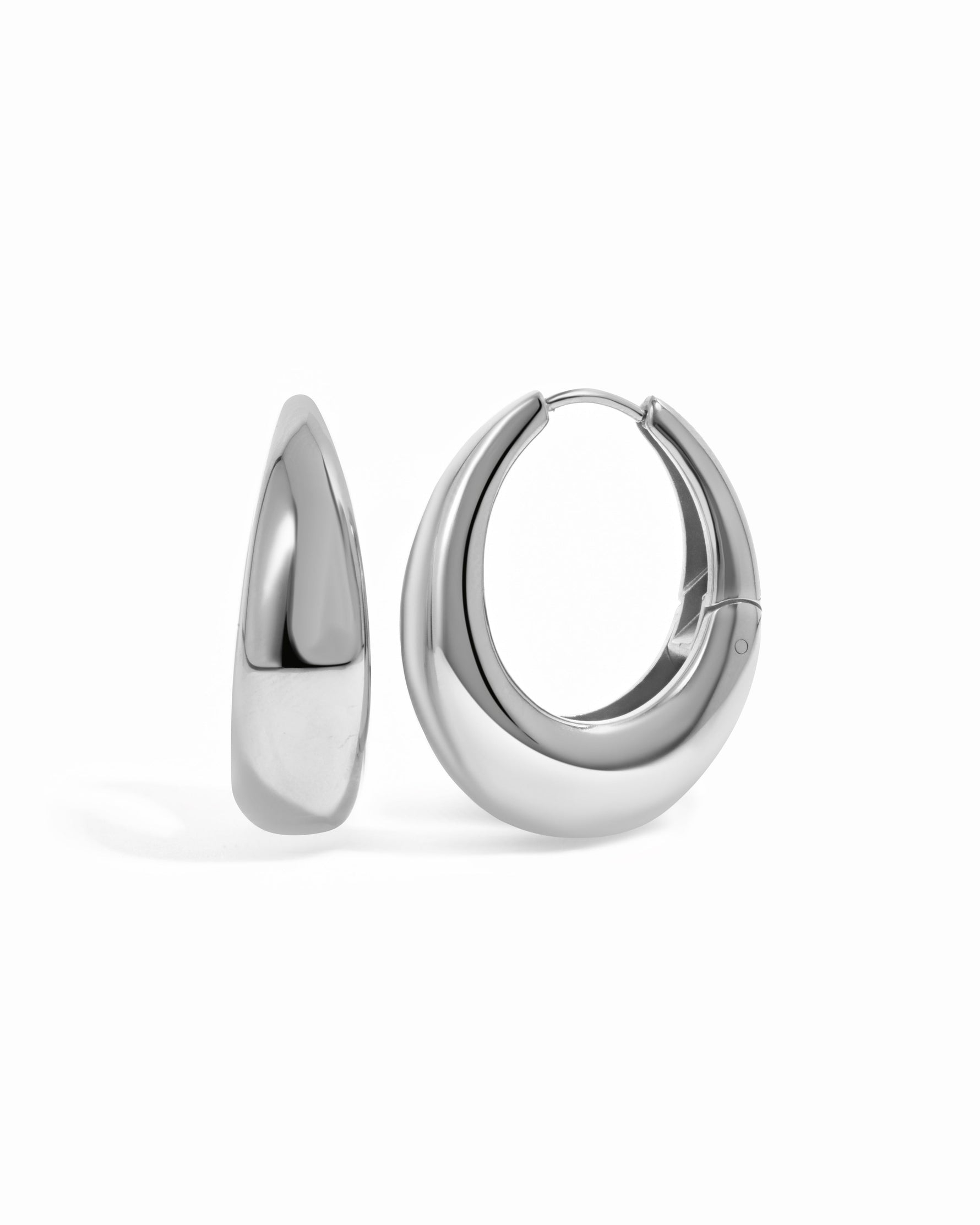 Close-up of stainless steel SS Basket Hoops earrings by Sami Jewels, showcasing chunky silver hoop design and waterproof finish.