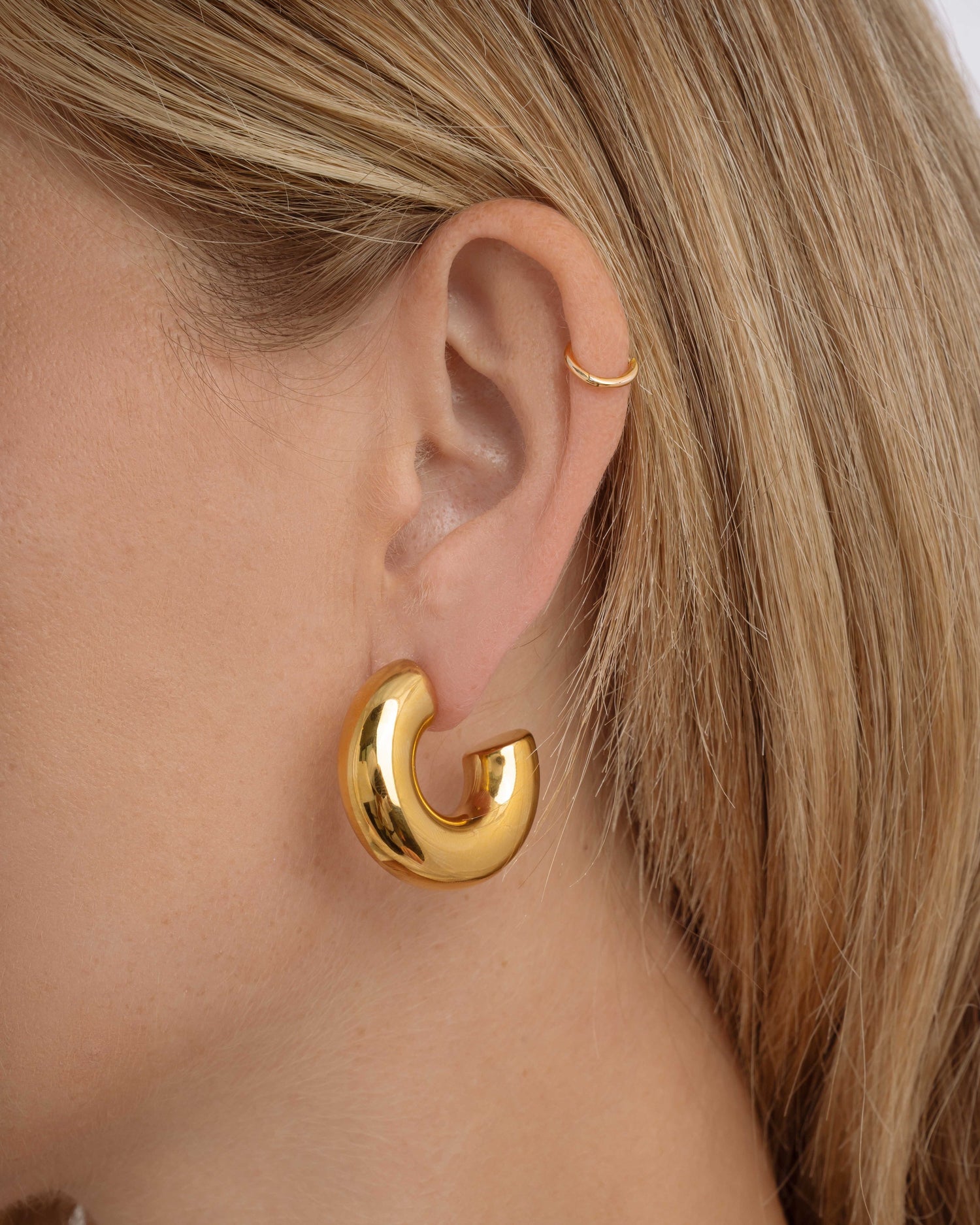Gold stainless steel SS Tube Hoops earrings with a chunky open design, waterproof and stylish for everyday wear.
