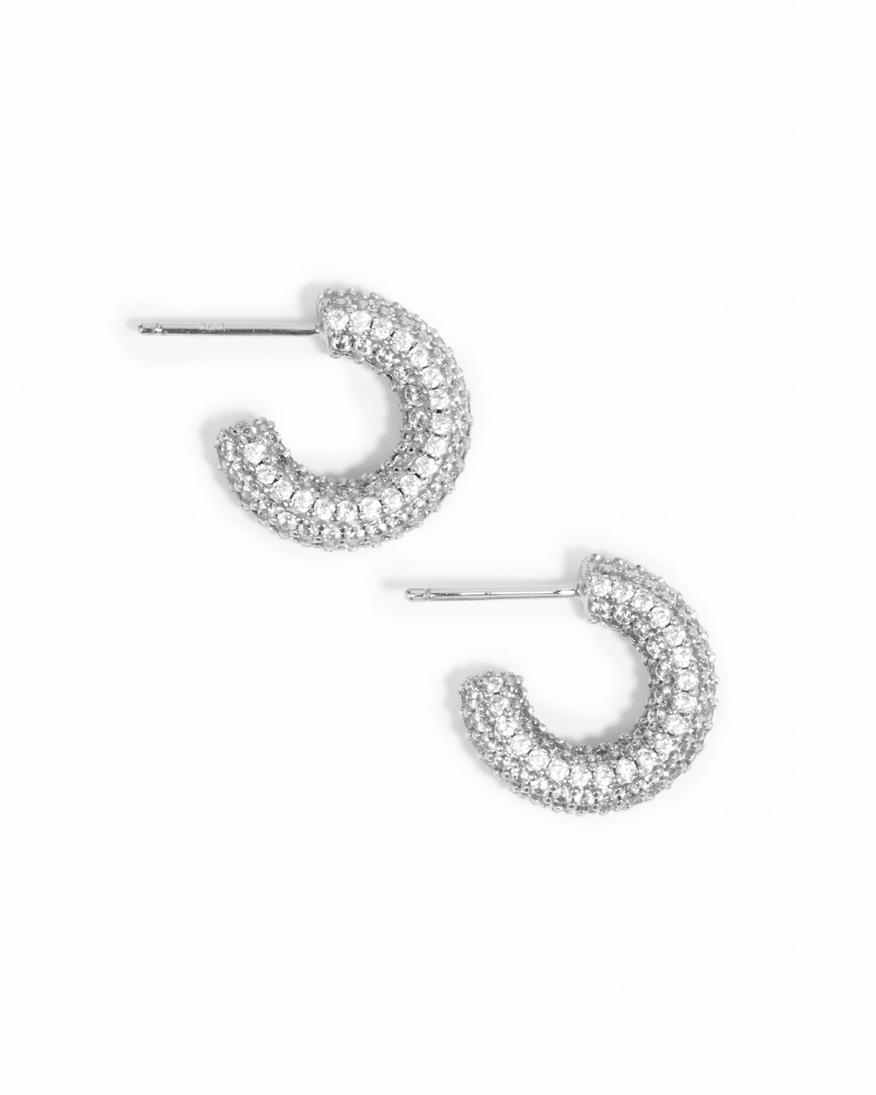 Sterling silver chunky pavé hoop earrings by Sami Jewels displayed against a white background.