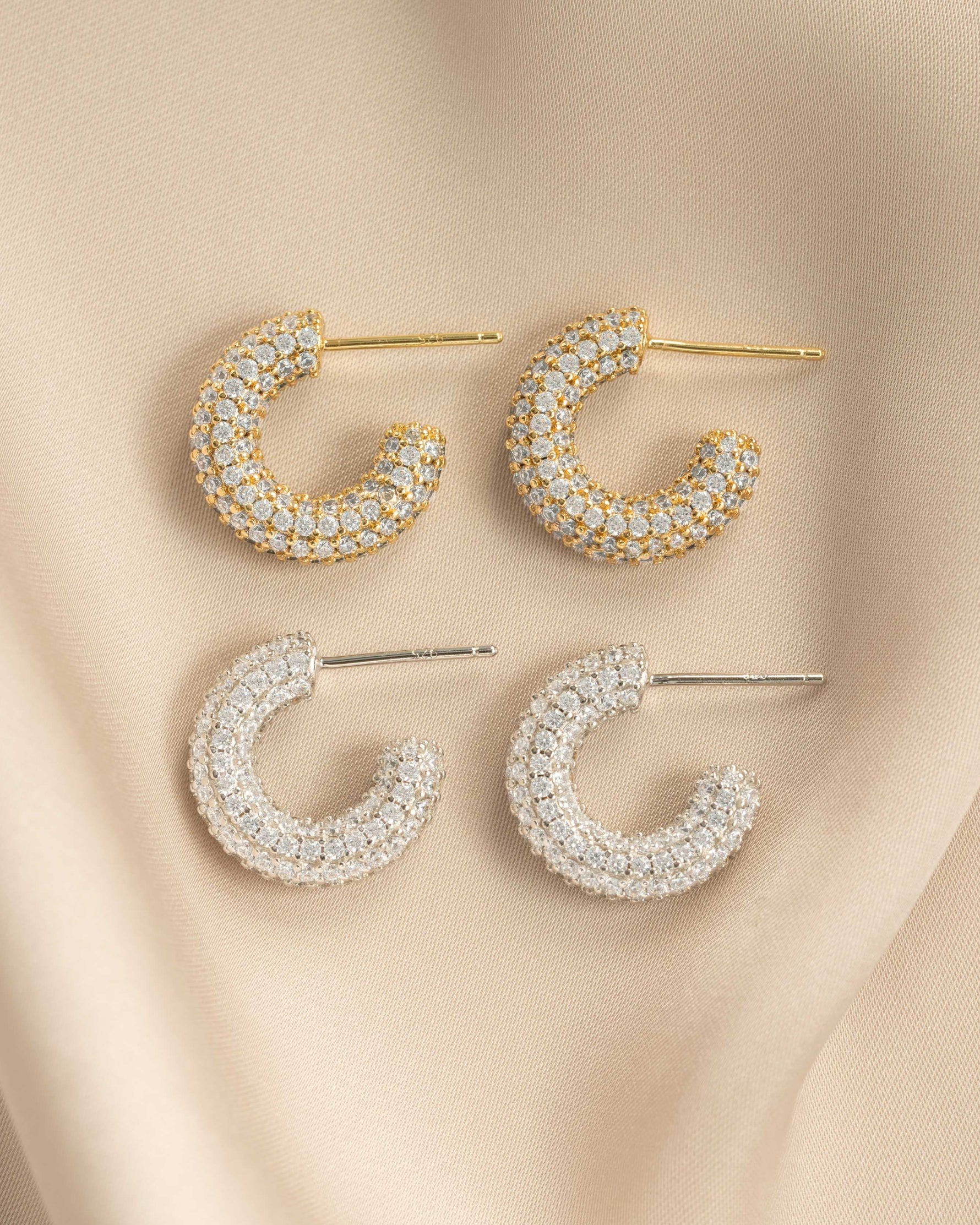 Gold and sterling silver chunky pavé hoop earrings from Sami Jewels featuring bold, sparkling design with intricate pave detailing.