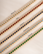White CZ, Ruby, Sapphire, Aquamarine and Emerald Round Bezel Tennis Necklaces