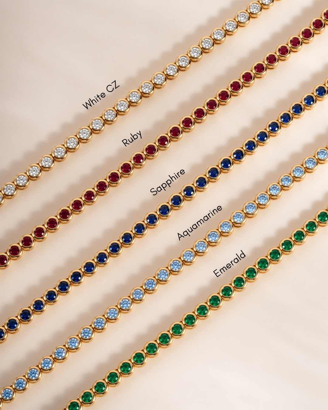 White CZ, Ruby, Sapphire, Aquamarine and Emerald Round Bezel Tennis Necklaces