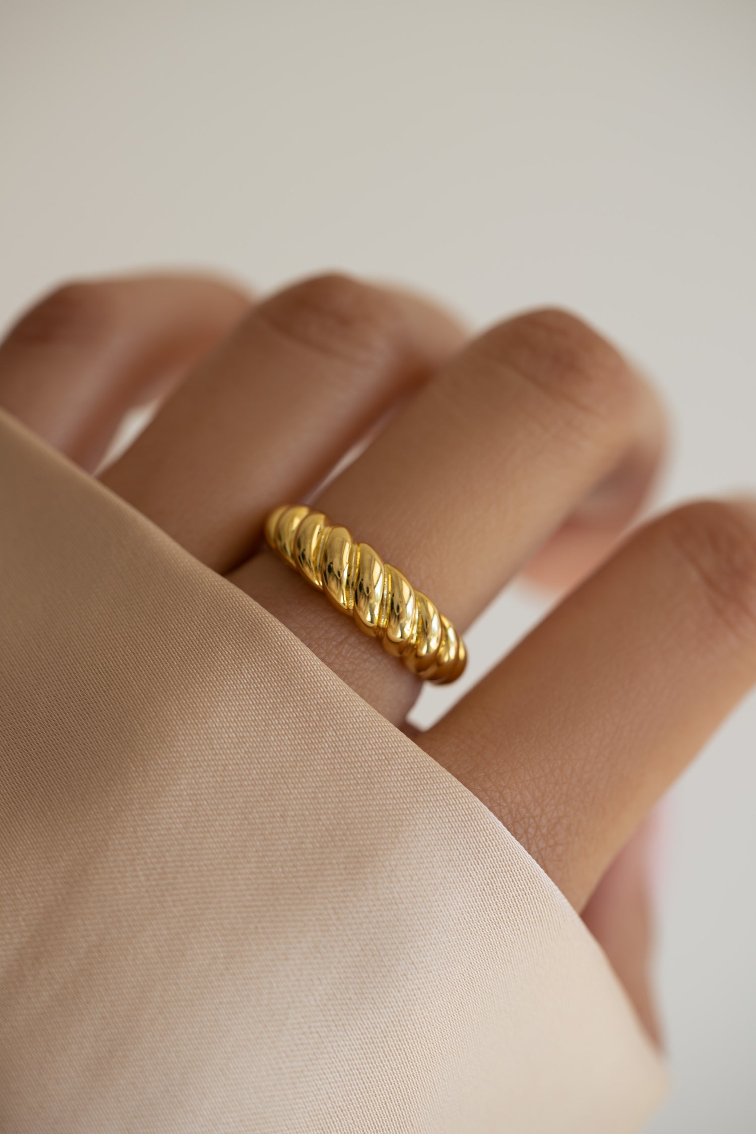 Gold Croissant Ring by Sami Jewels featuring a detailed, textured design on a sleek ring band.
