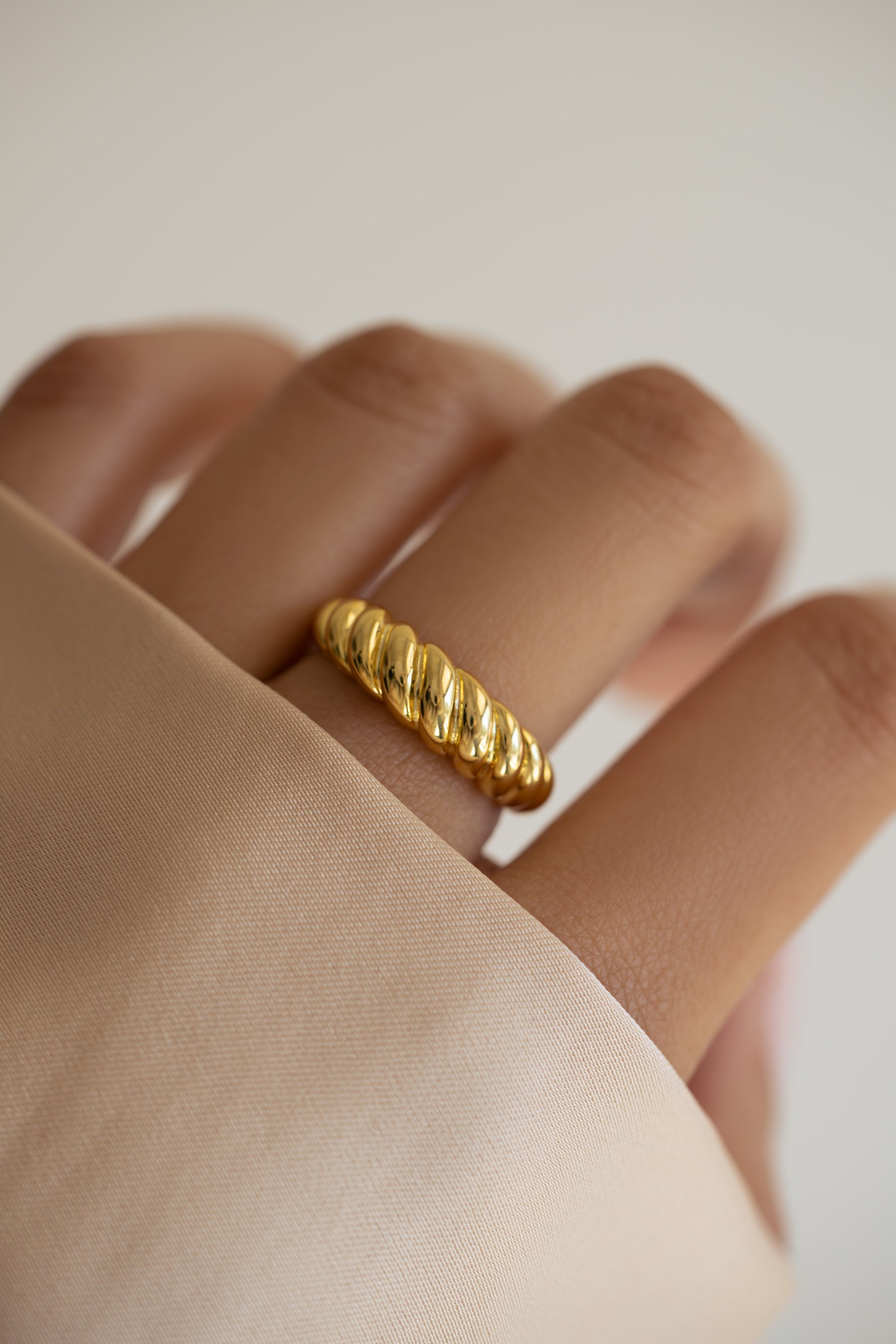 Gold Croissant Ring by Sami Jewels featuring a detailed, textured design on a sleek ring band.