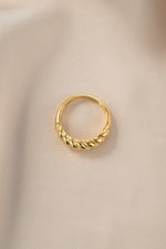 Gold Croissant Ring by Sami Jewels, top view showcasing a detailed, textured croissant design on a sleek gold band.