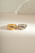 Gold and sterling silver large croissant ring by Sami Jewels, featuring a statement design with detailed croissant shape.