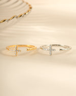 Gold and sterling silver cross open cuff ring from Sami Jewels, showcasing a stylish and contemporary jewelry piece.