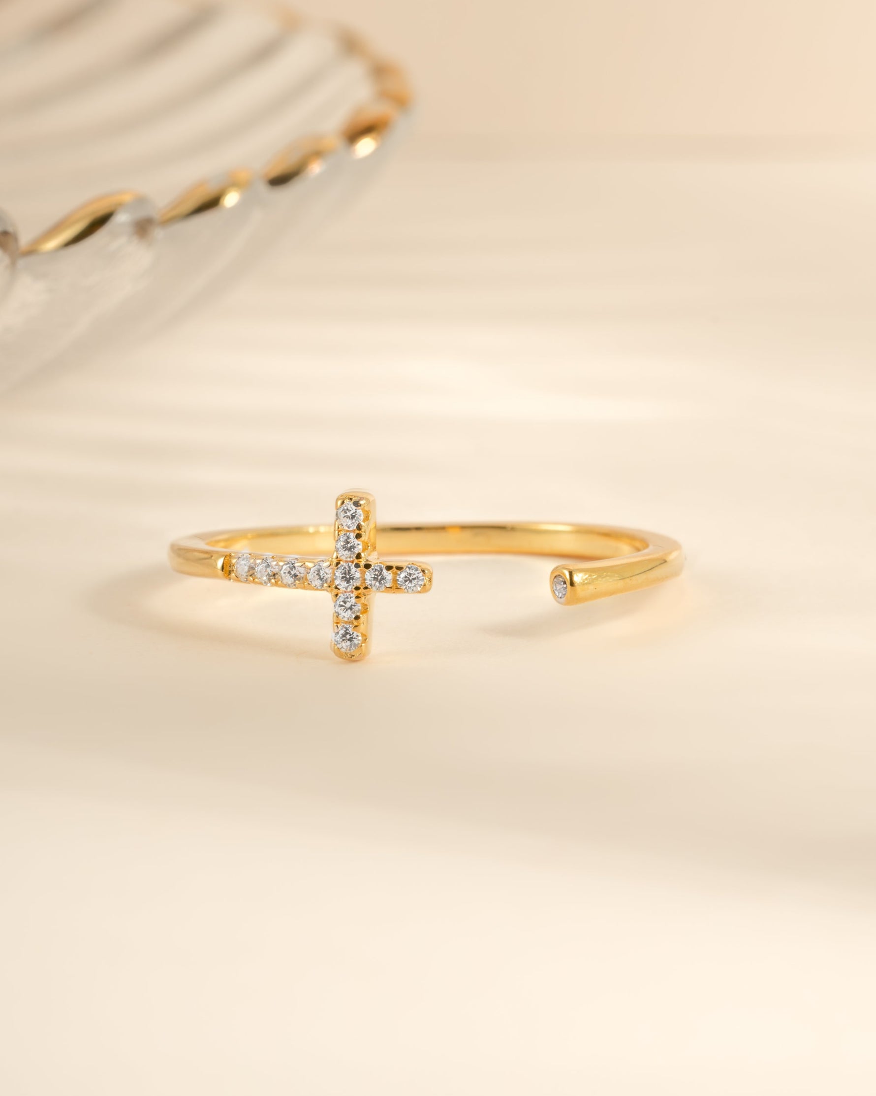 Gold Cross Open Cuff Ring by Sami Jewels featuring an open design and a prominent cross detail on the front.