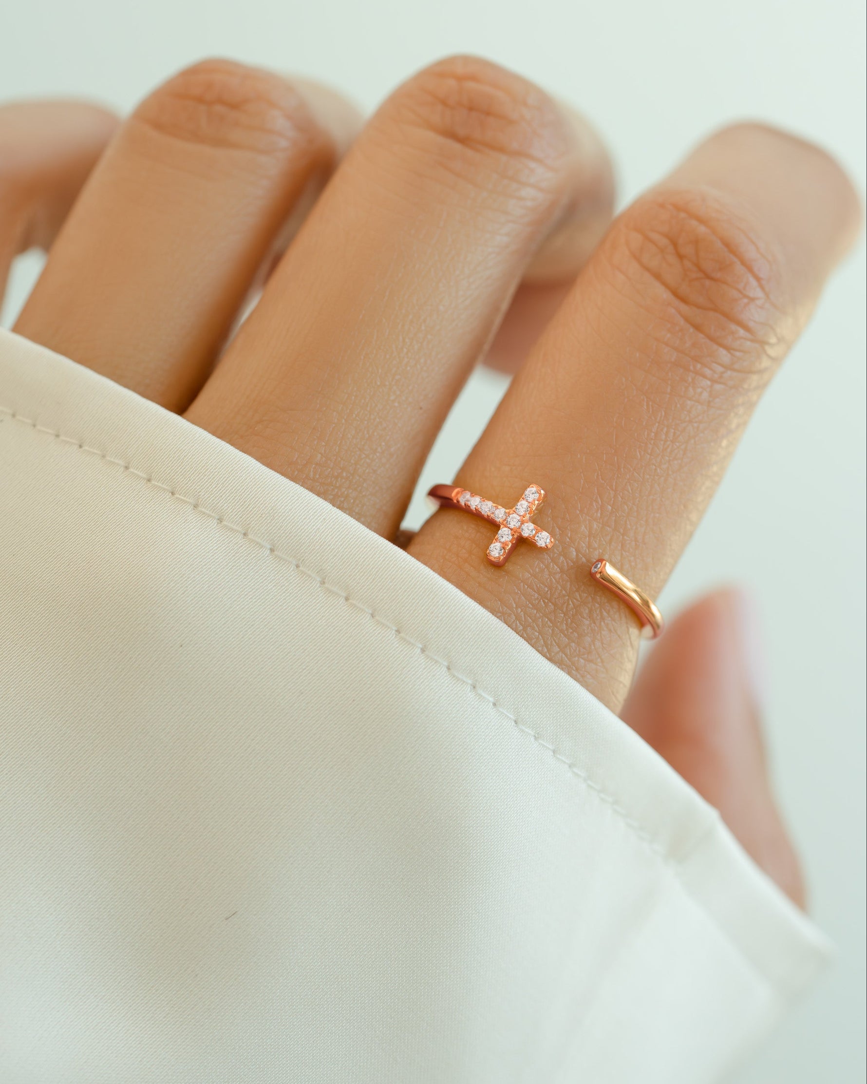 Rose gold Cross Open Cuff Ring by Sami Jewels featuring a sleek, open design with a cross detail on the band.