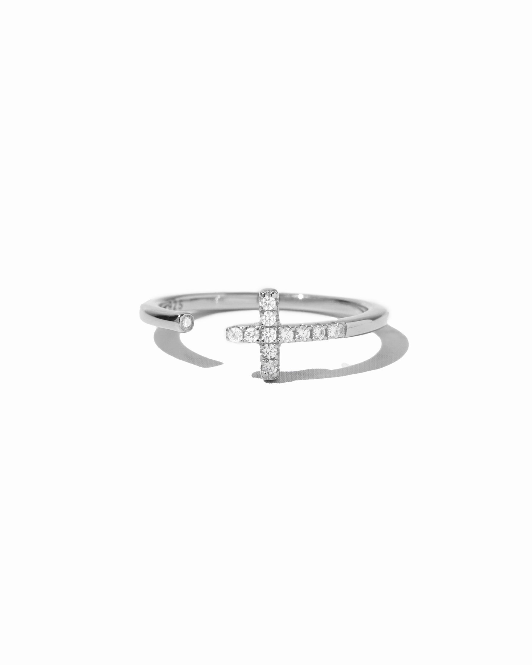 Sterling silver Cross Open Cuff Ring by Sami Jewels displayed on a white background.