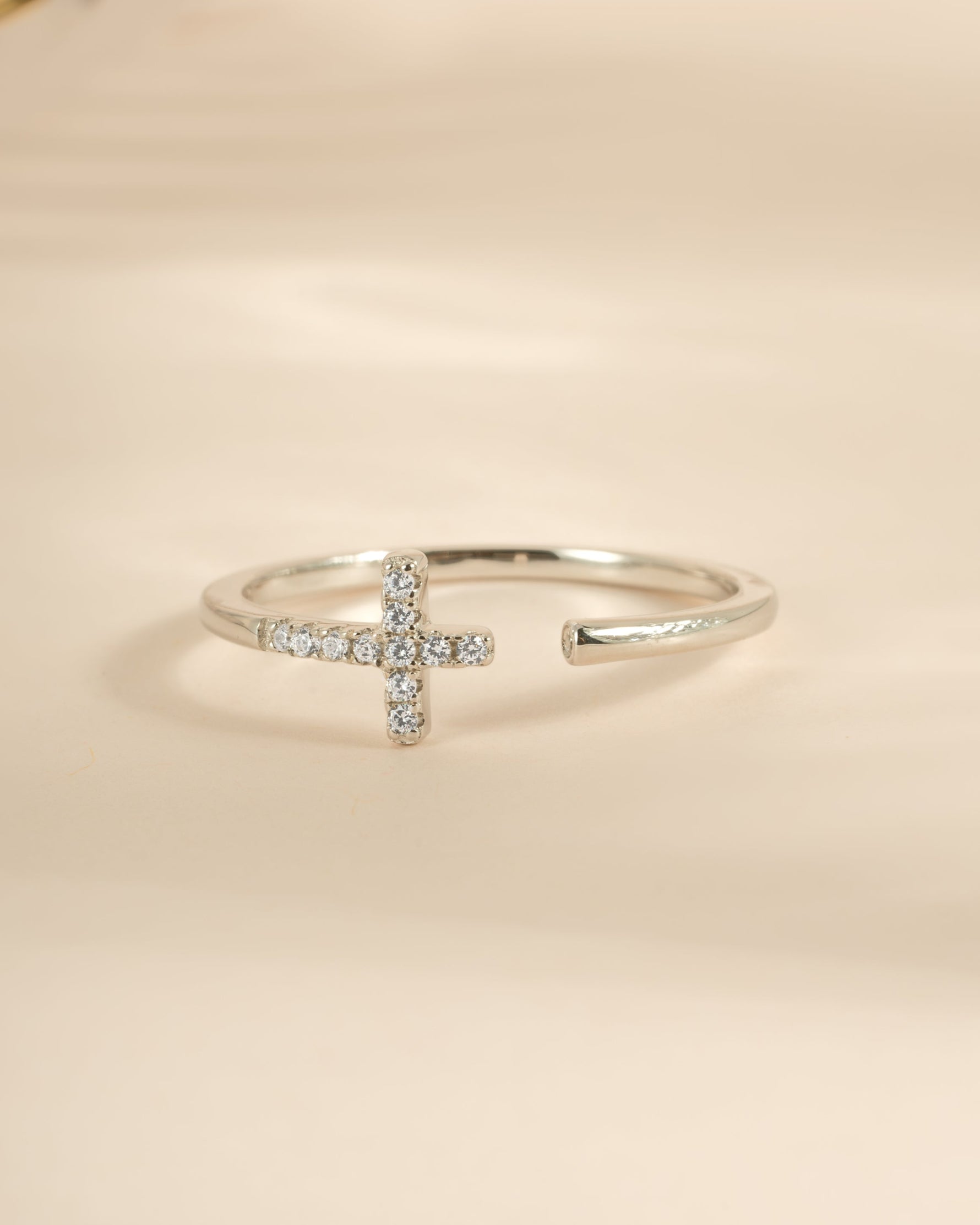 Sterling silver Cross Open Cuff Ring from Sami Jewels, featuring a modern, minimalist design with a cross motif.
