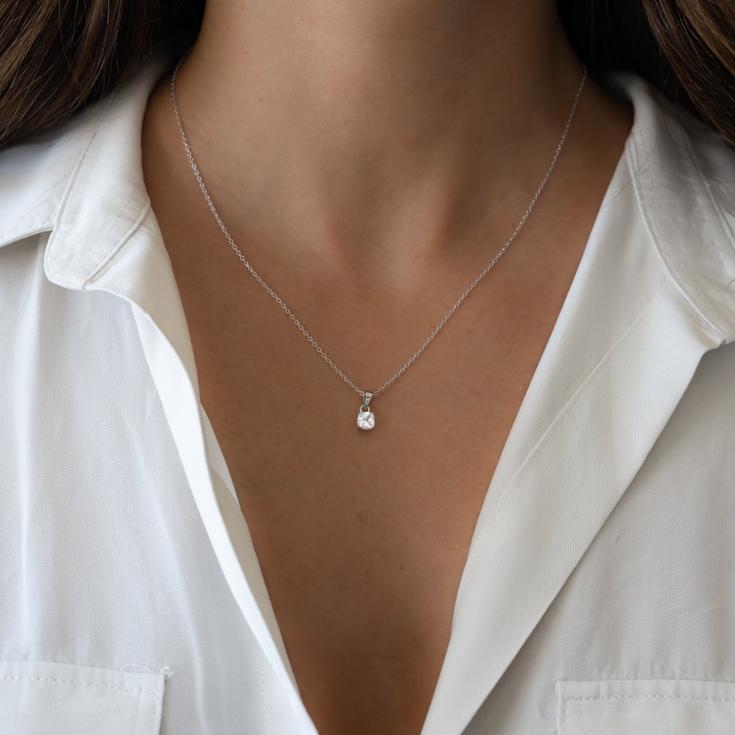 Sterling silver Cushion Diamond Necklace by Sami Jewels featuring a sparkling cushion-cut diamond pendant.