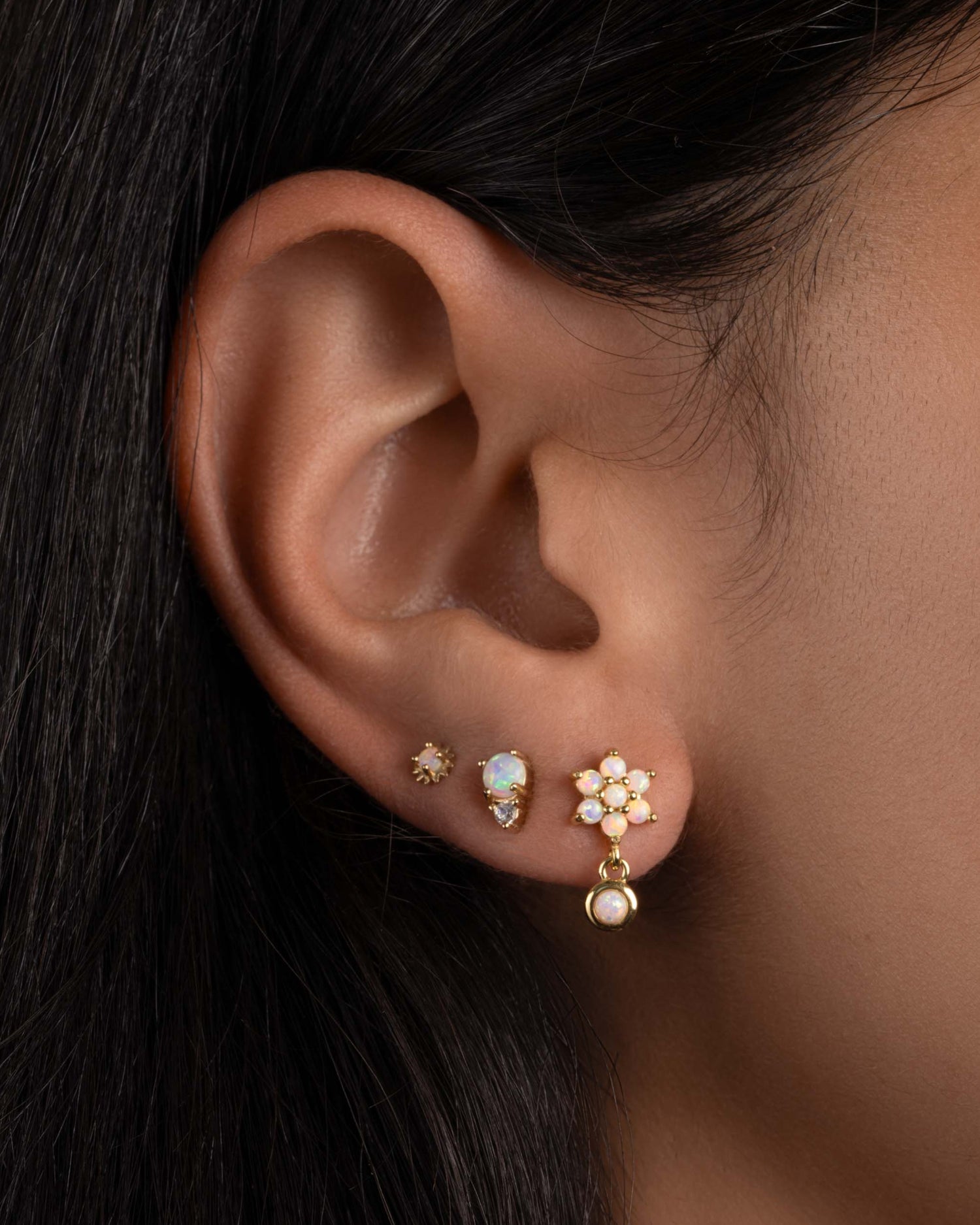 Gold Opal and CZ stud earrings by Sami Jewels featuring sparkling cubic zirconia and vibrant opal stones.
