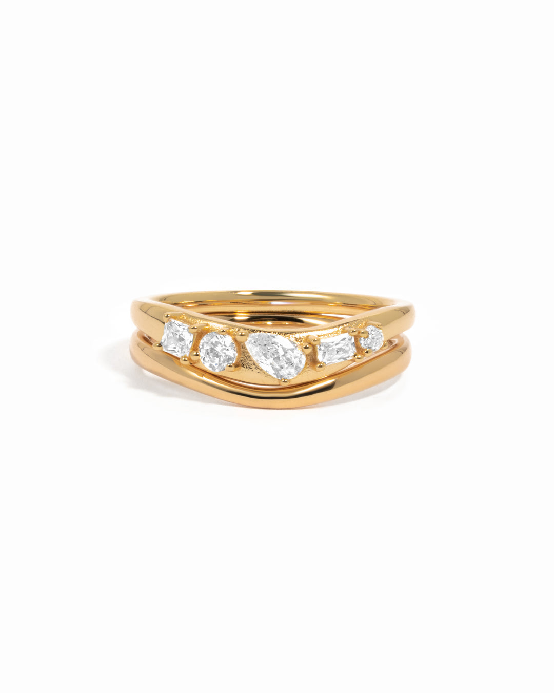 White background image of gold chevron ring set featuring 5 CZ stones.