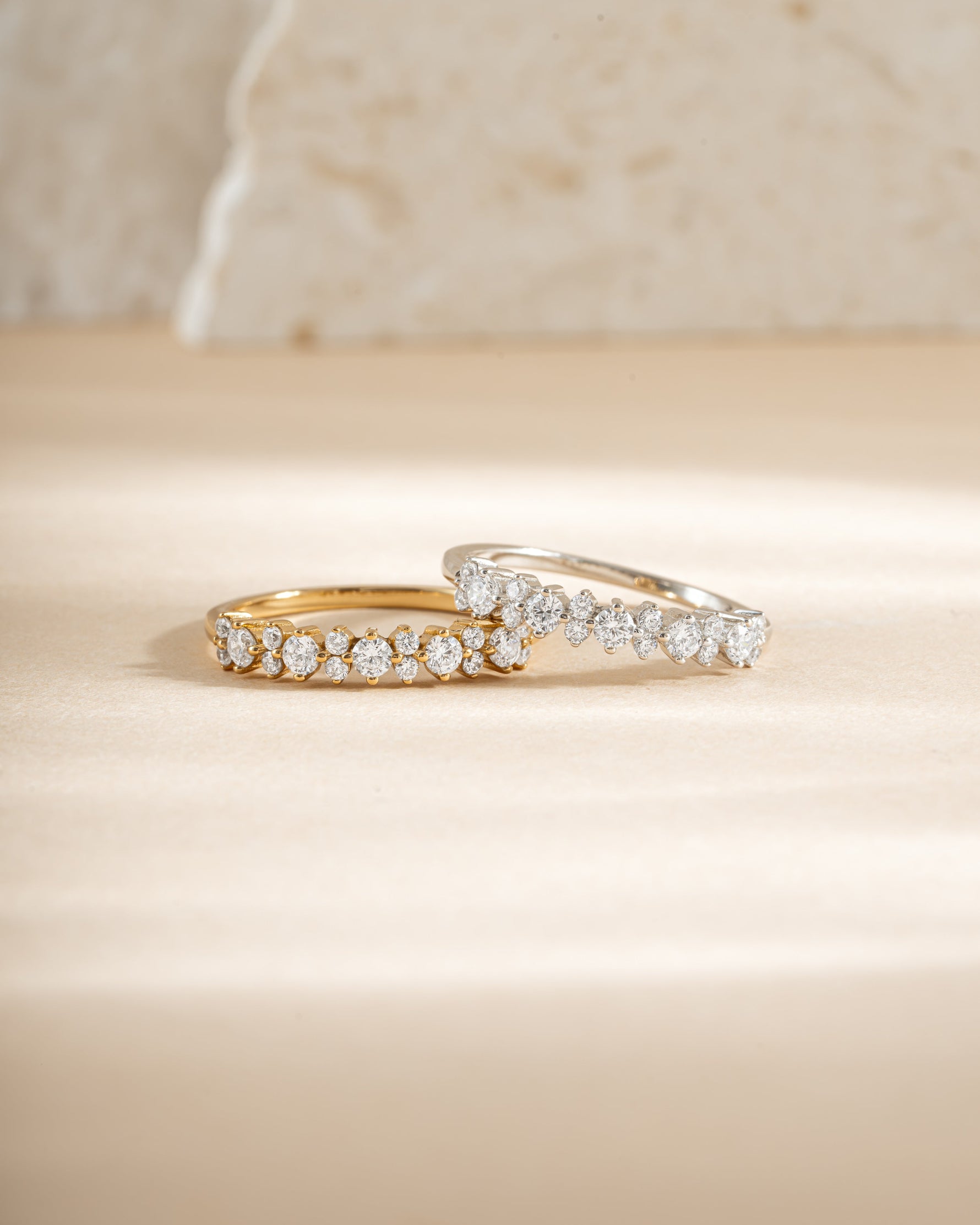 Gold and sterling silver CZ Stephanie stacking ring from Sami Jewels, featuring a front view of the elegant, sparkling design.