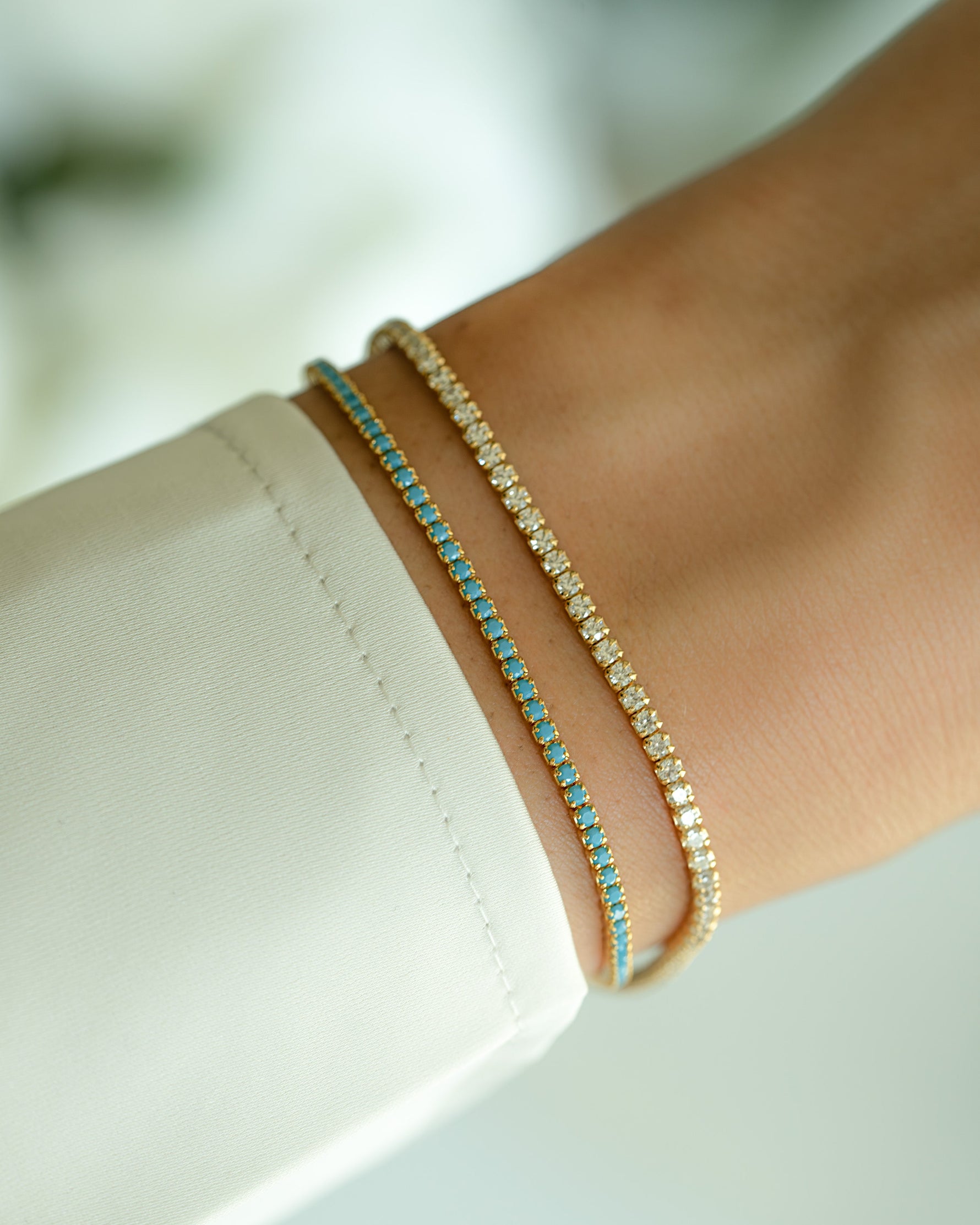 Dainty turquoise tennis bracelet by Sami Jewels featuring white cubic zirconia stones and 1.75mm turquoise beads on a delicate chain