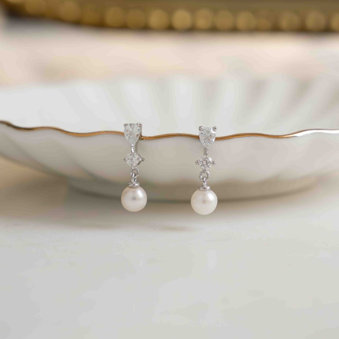 Dainty sterling silver wedding pearl earrings