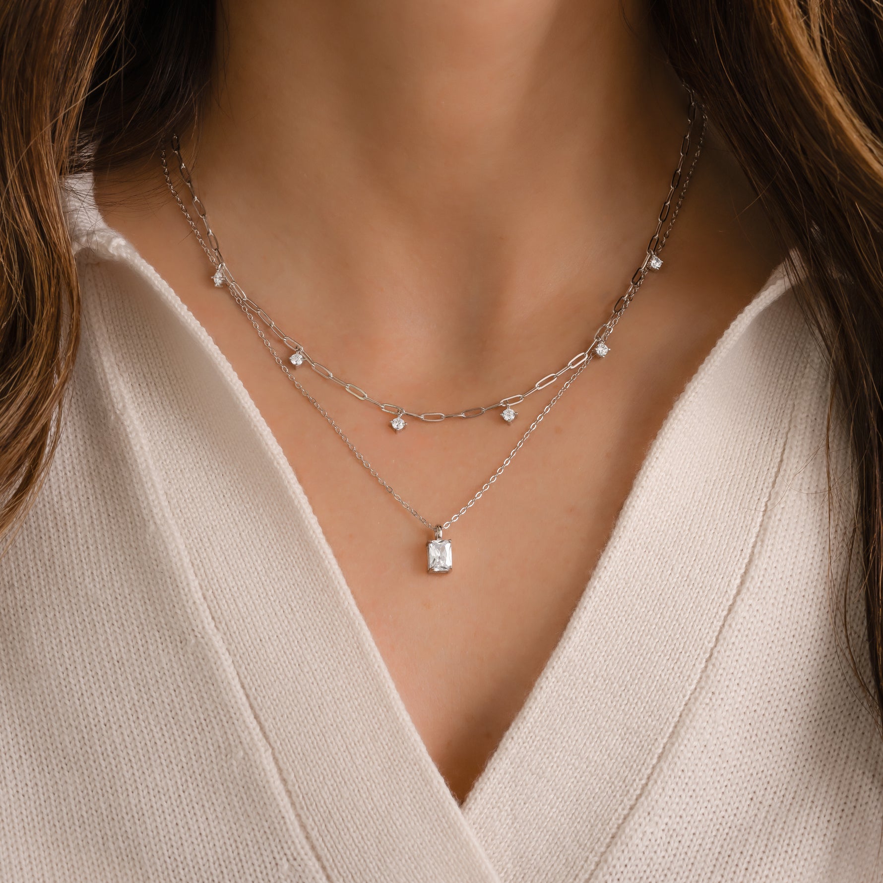 silver paperclip necklace with diamond charms