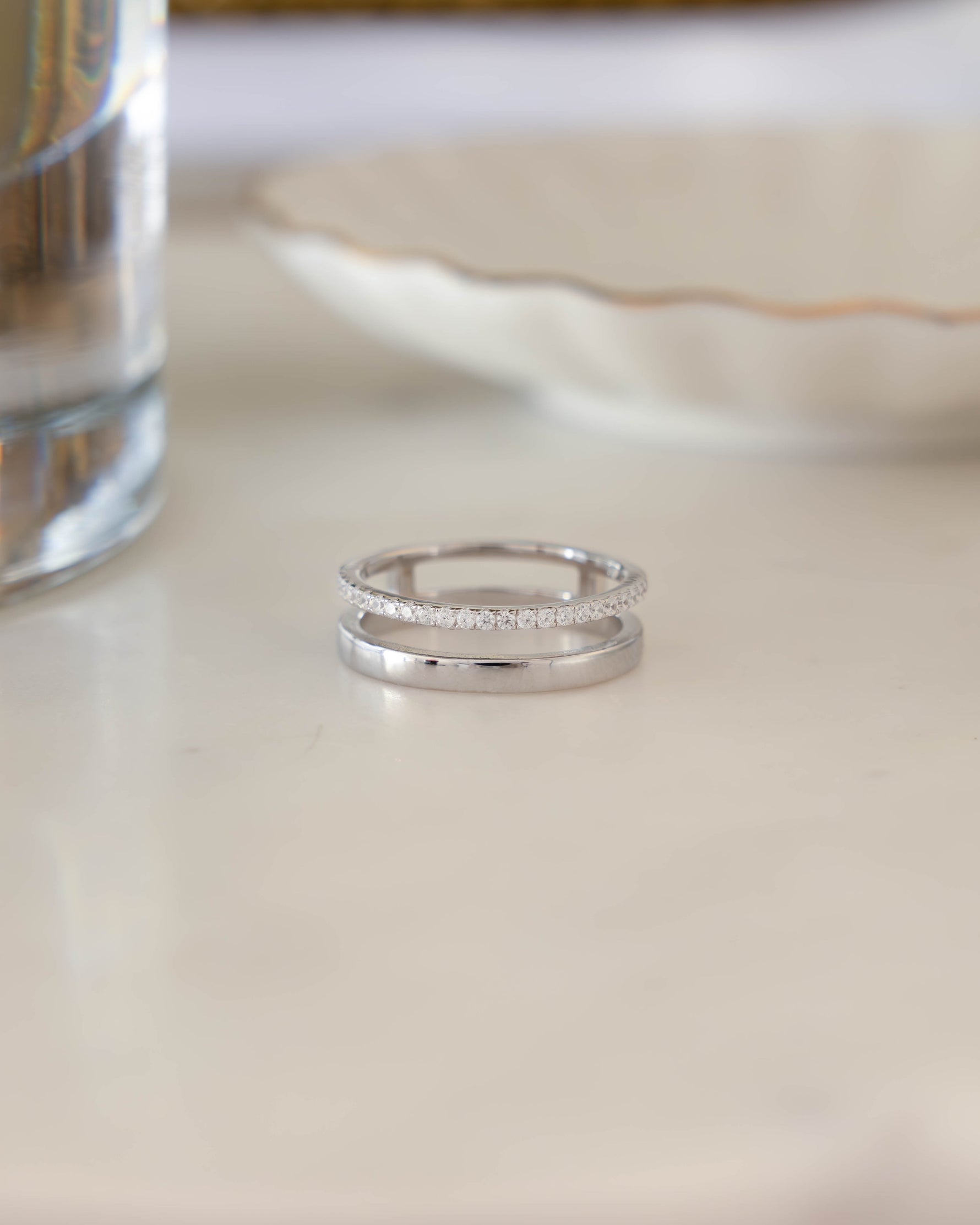 Sterling silver double band ring with diamond accents and plain band design from Sami Jewels.