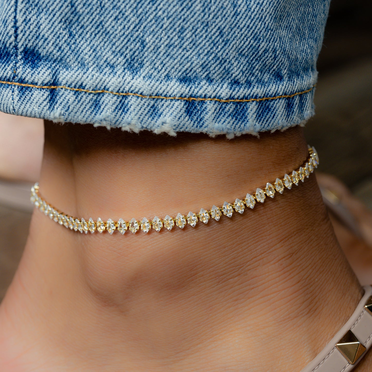 marquise tennis anklet on model 