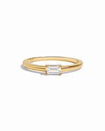 Sami Jewels Lori Baguette Ring with sparkling diamond baguette accents on gold band, displayed on a white background.