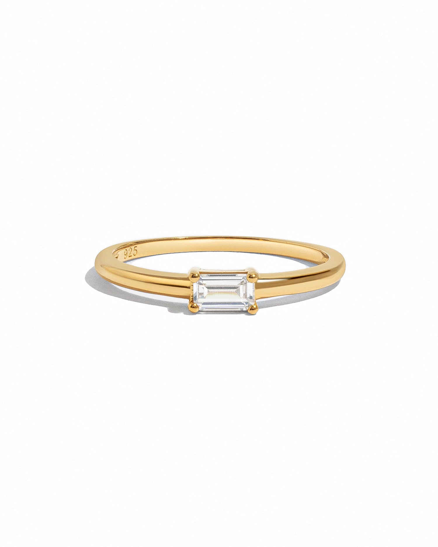 Sami Jewels Lori Baguette Ring with sparkling diamond baguette accents on gold band, displayed on a white background.