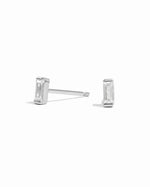 White CZ Baguette Stud Earrings by Sami Jewels featuring sterling silver setting on a white background.