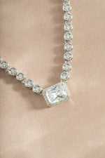 Silver Diamond Baguette Tennis Necklace by Sami Jewels featuring sparkling diamond baguette stones and fine chain detail.