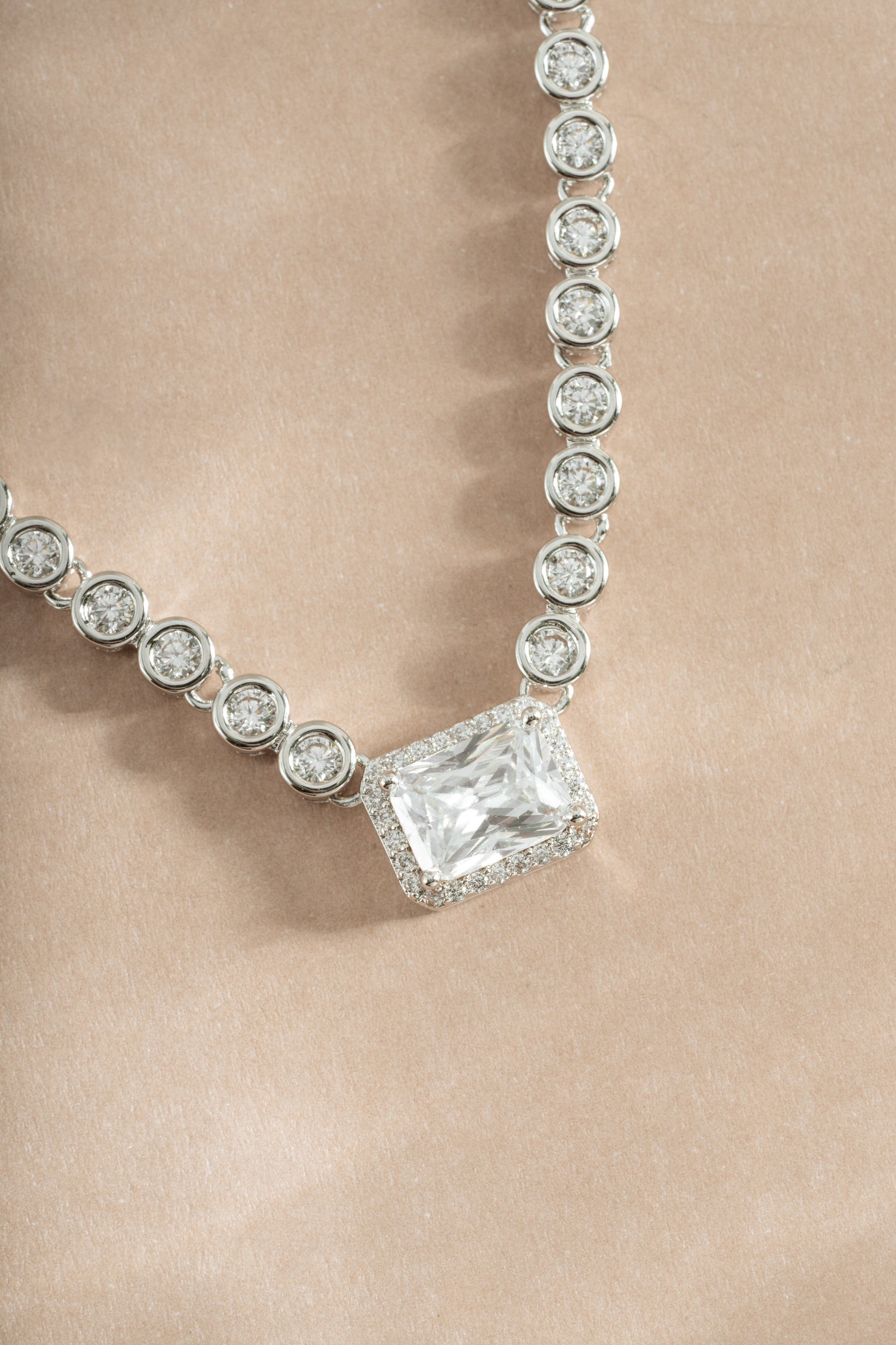 Silver Diamond Baguette Tennis Necklace by Sami Jewels featuring sparkling diamond baguette stones and fine chain detail.