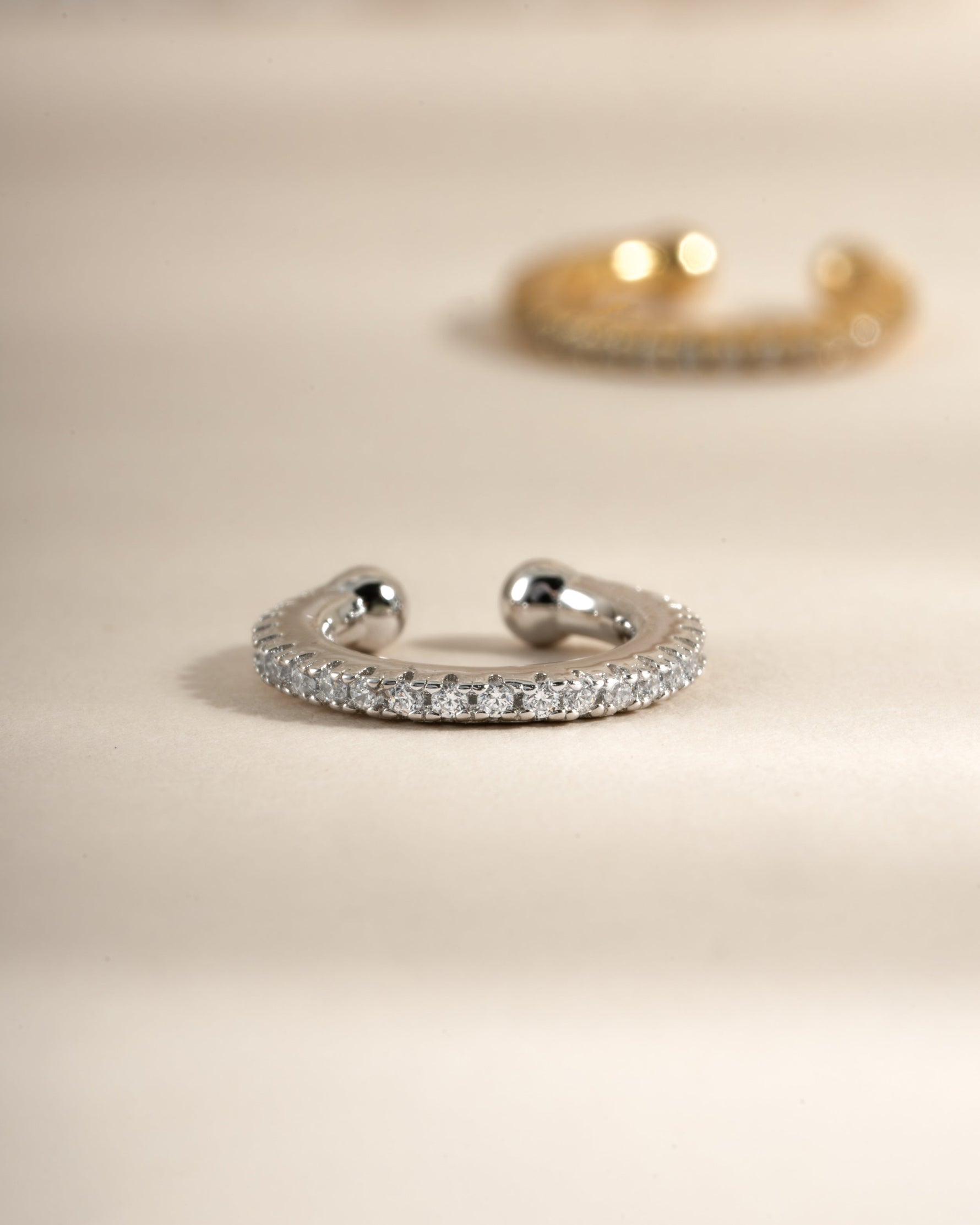 Sterling silver diamond ear cuff by Samijewels-527, front view showcasing sparkling diamond design on the ear jewelry.