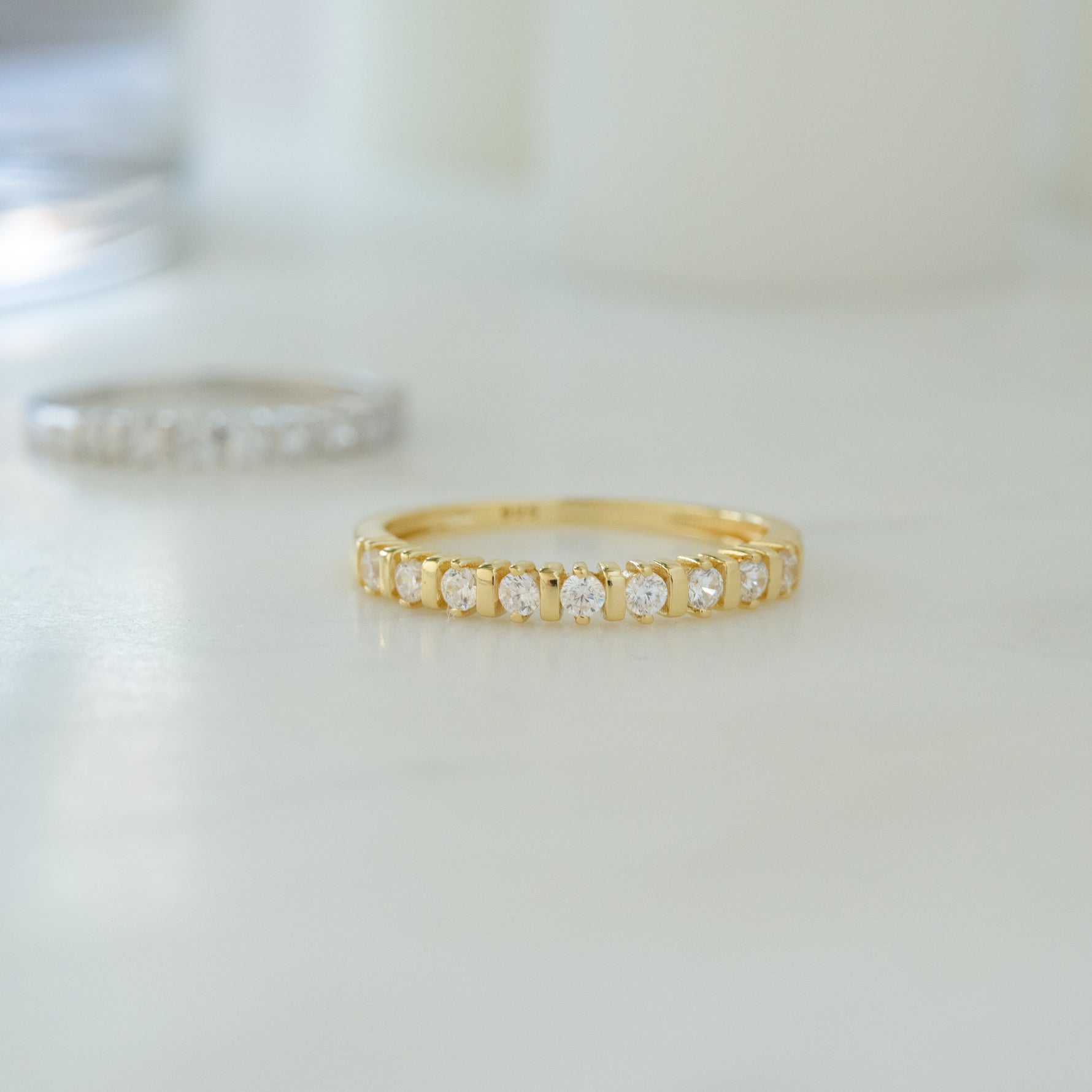 gold minimalist stacking ring with diamonds