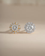Sami Jewels diamond halo stud earrings with sterling silver and gold, featuring sparkling diamonds in a circular halo design.