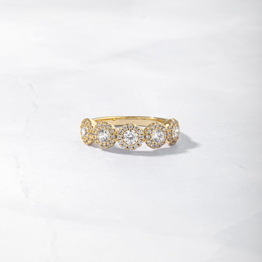 5 stone halo diamond ring made of 925 sterling silver plated in 14k gold