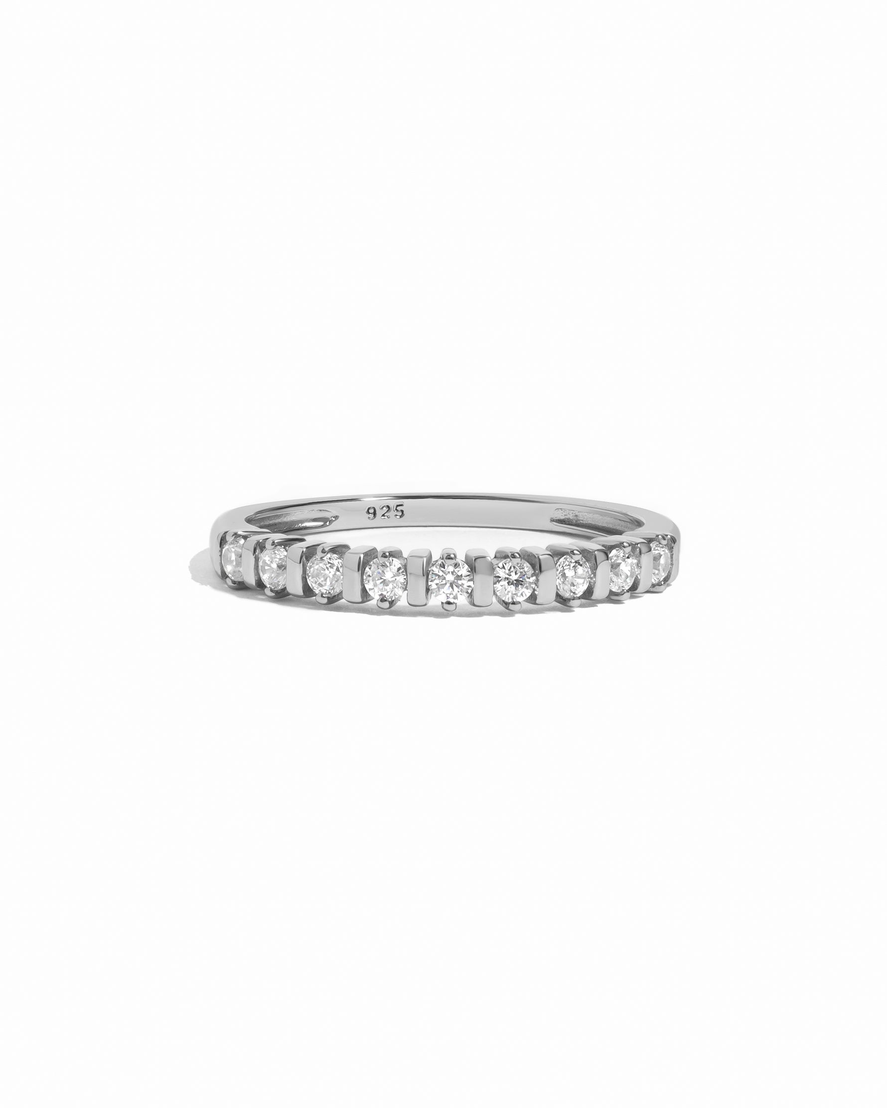 Sterling silver Bianca stacking ring with diamond accents, designed by Sami Jewels, displayed on a white background.