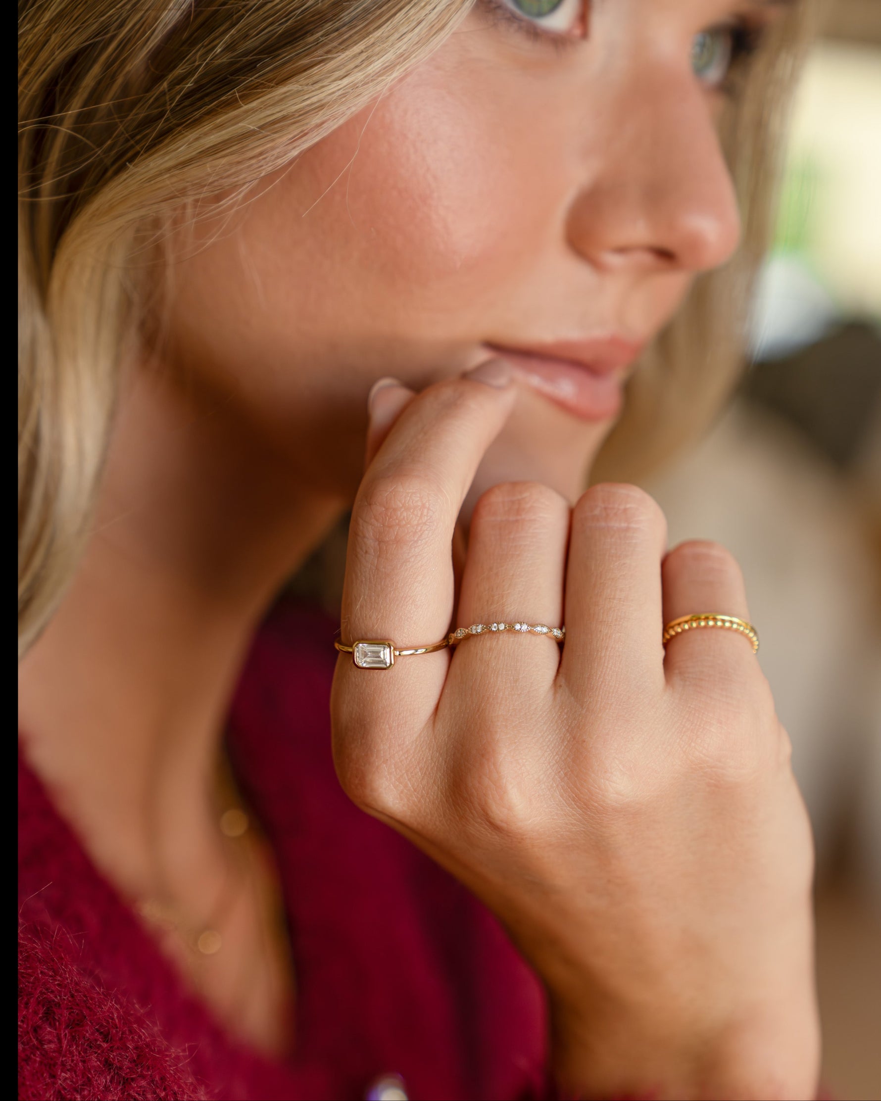 Gold diamond stacking ring from Sami Jewels featuring multiple sparkling diamond bands for a layered jewelry look