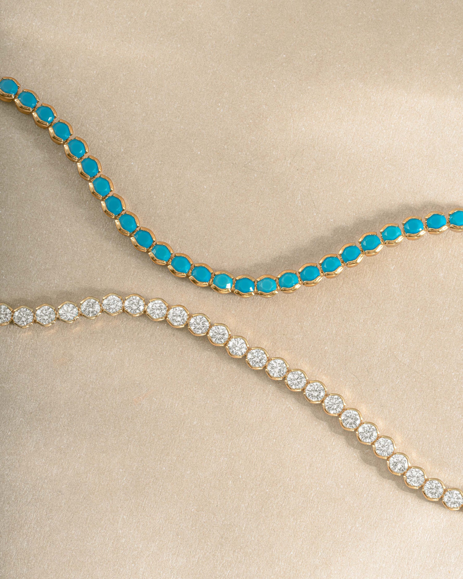 Close-up of a 3mm round diamond tennis bracelet and turquoise tennis bracelet by Samijewels, showcasing intricate details.