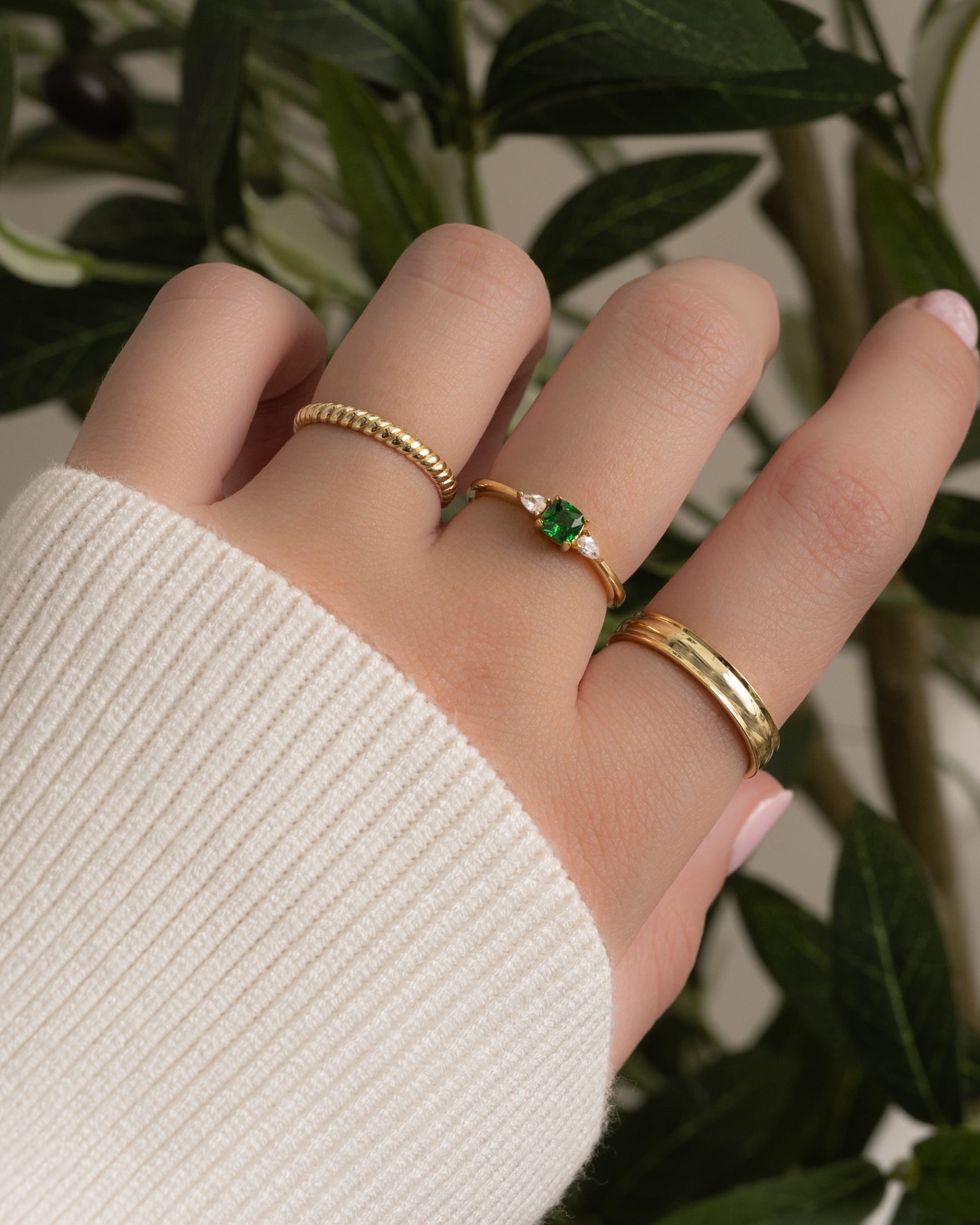 Sami Jewels Cathy Ring stack with two gold bands, stylish and elegant jewelry for women, shown on a model's hand.