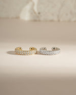 Sami Jewels double row CZ ear cuff earrings in sterling silver and gold, featuring sparkling cubic zirconia stones.