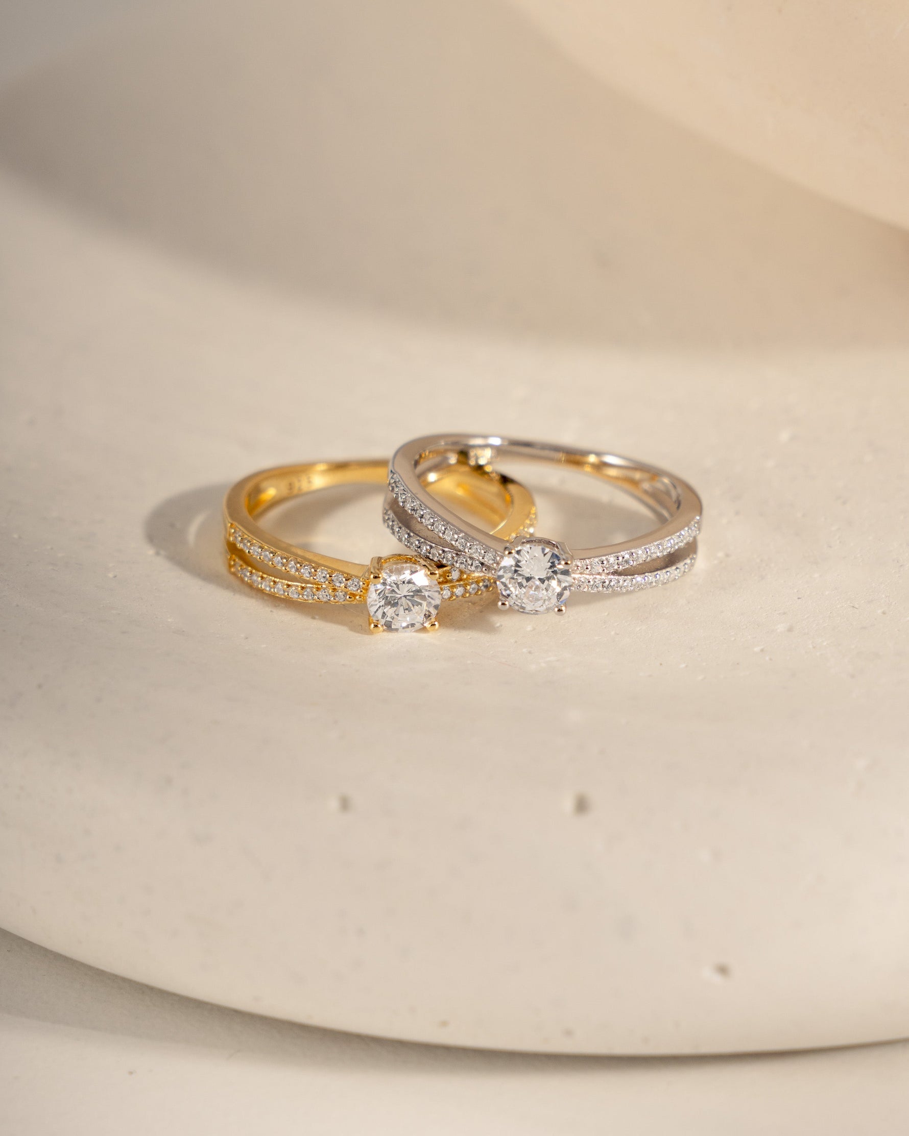 double shank diamond ring in gold and sterling silver closeup view