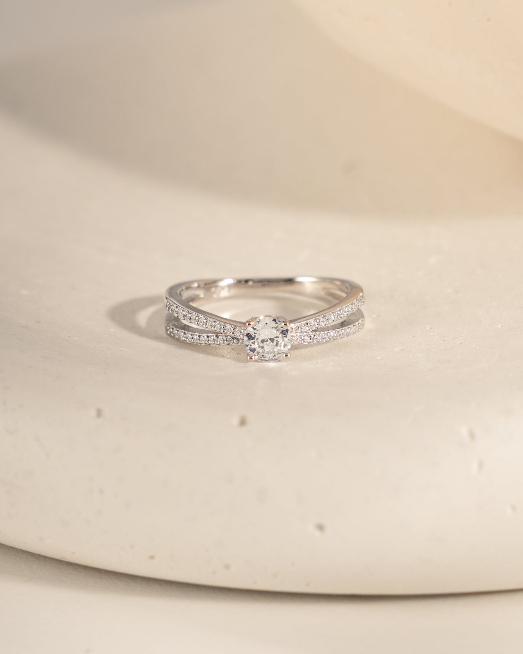 double shank diamond ring in sterling silver front view 