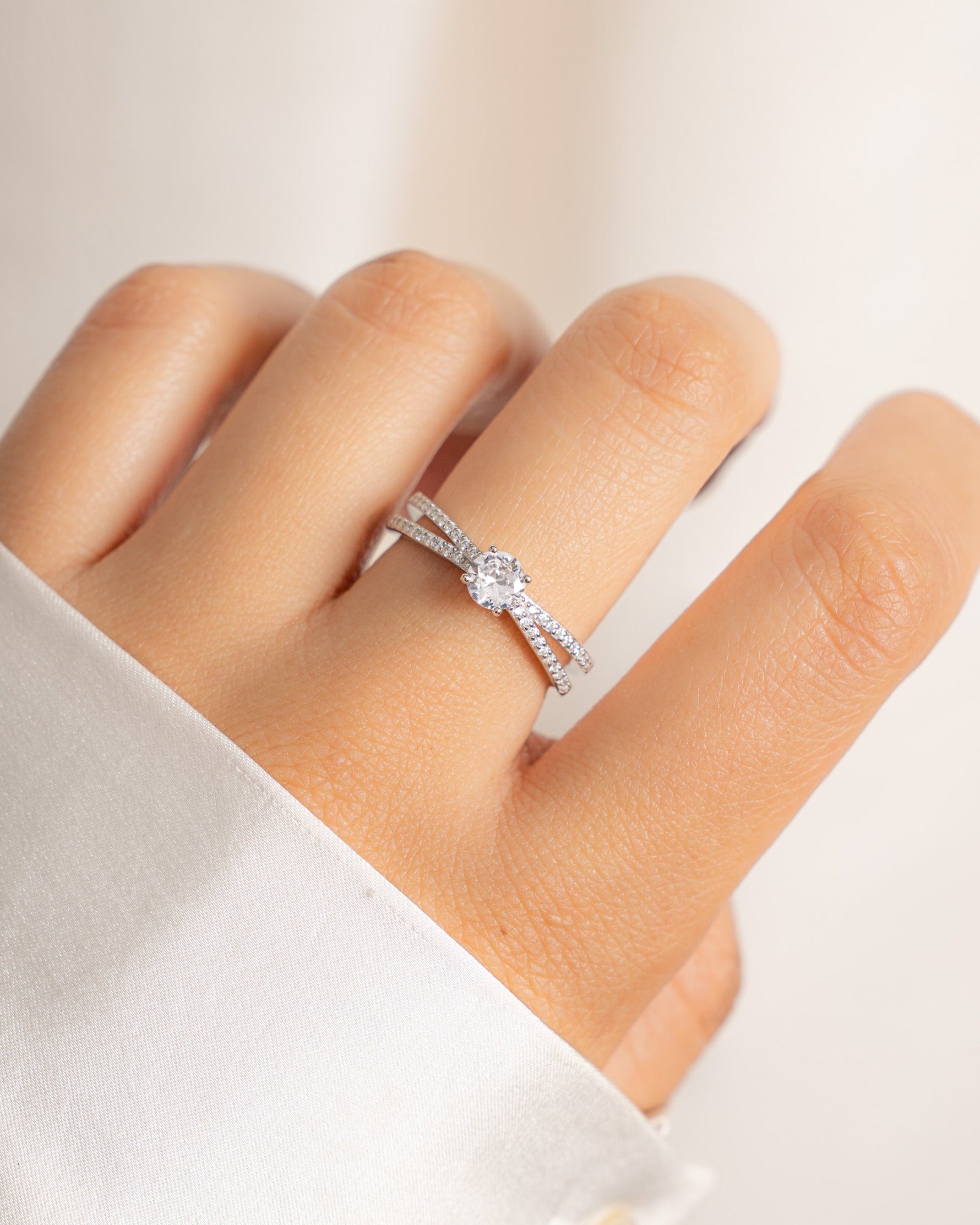 double shank diamond ring in sterling silver on models hand